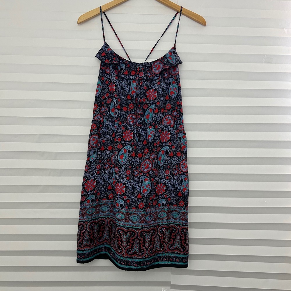 American Eagle Paisley Floral Boho‎ Mini Dress Navy Red Teal Large L/G